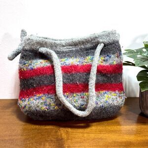Handmade Felted Wool Purse Handbag Knit Grey Red Sprinkles Lined